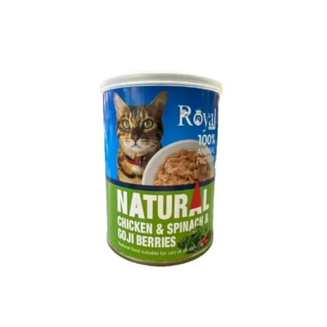 کنسرو نچرال مرغ و اسفناج و گوجی بری گربه 380 گرمی رویال کوکو